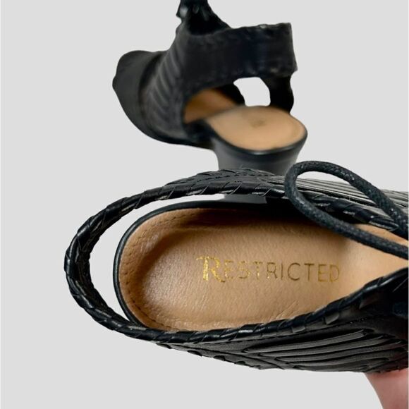 Restricted Faux Leather Black Woven Sandals Block Heels Tie Laces Pumps Summer - Picture 8 of 9